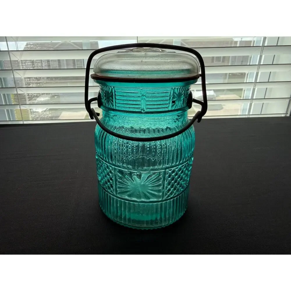 Vintage Avon Aqua Blue Glass Canning Jar Wire Bail Lid Starburst Embossed 1970s